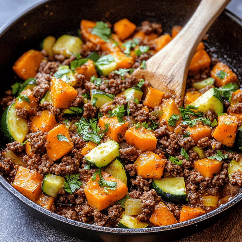 Ground Beef Zucchini Sweet Potato Skillet