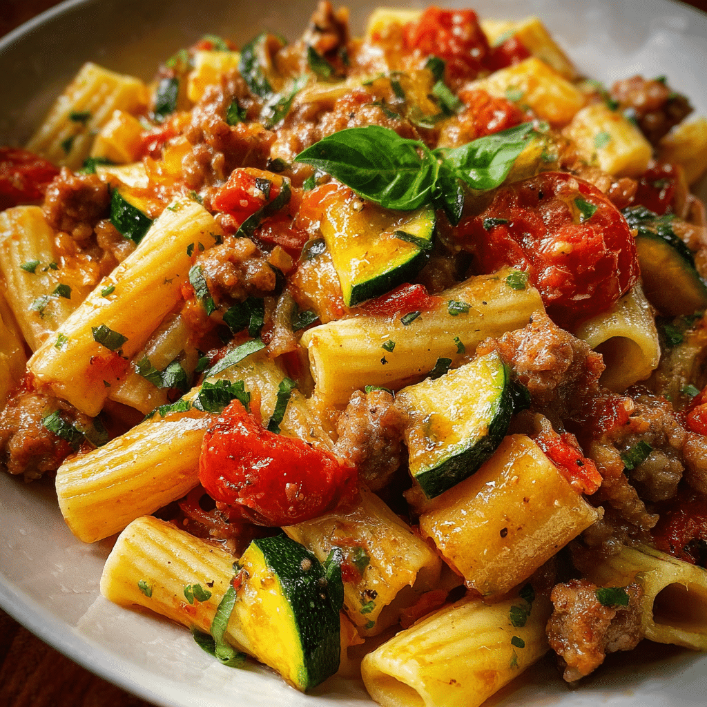 Rigatoni with Sausage, Tomatoes & Zucchini