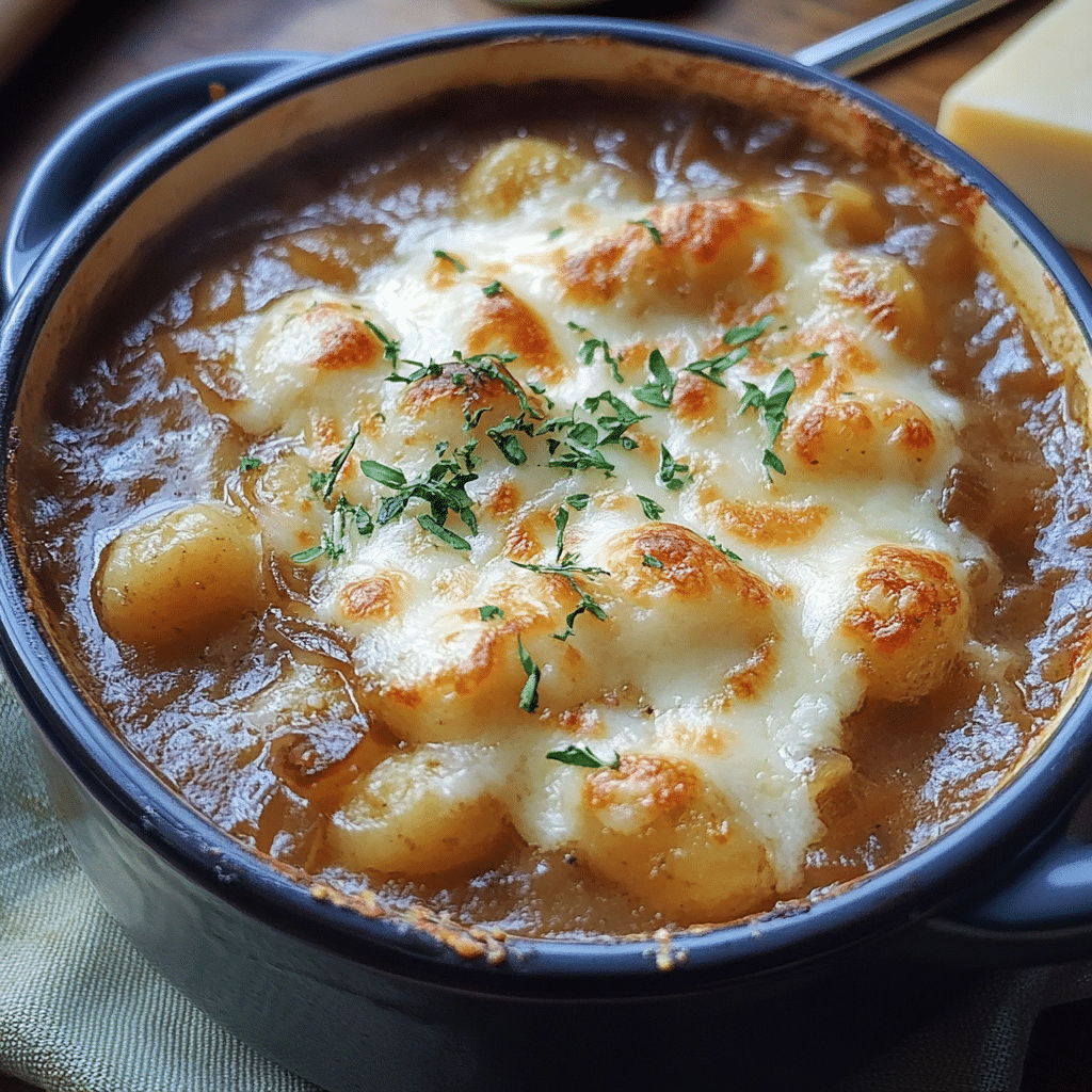 French Onion Gnocchi Soup with Gruyere
